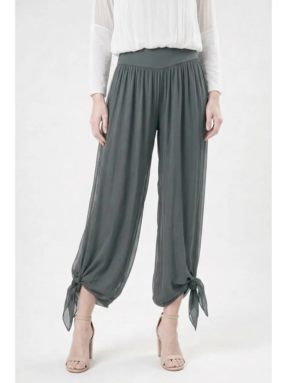 NWT Tina Stephens Eva Silk Pant Made in Italy Side Slit Tie One Size ARMY GREEN